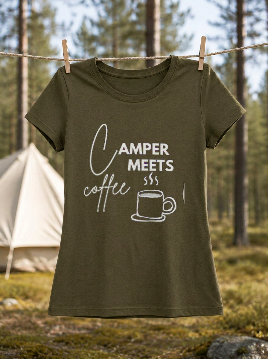 Camper Meets Coffee – Damen Tailliertes T-Shirt Camping Vibes Khaki – Wäscheleine