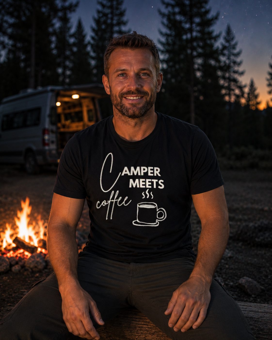 Camper Meets Coffee – Unisex T-Shirt Camping Vibes Black – Lifestyle am Lagerfeuer