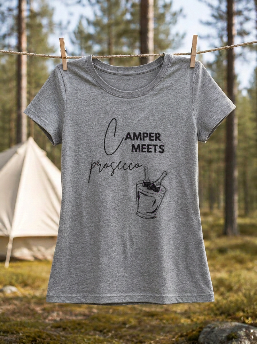 Camper Meets Prosecco – Damen Tailliertes T-Shirt Camping Vibes Heather Grey – Wäscheleine