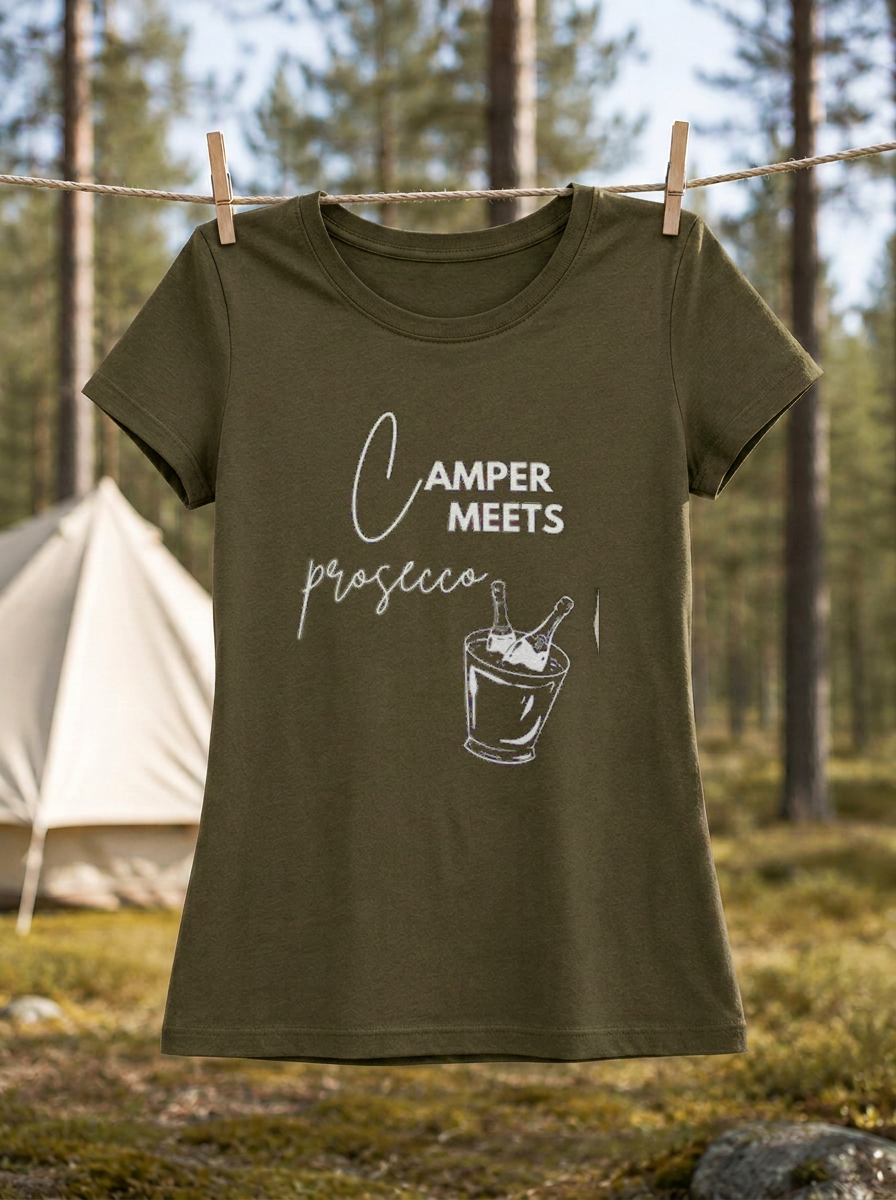 Camper Meets Prosecco – Damen Tailliertes T-Shirt Camping Vibes Khaki – Wäscheleine