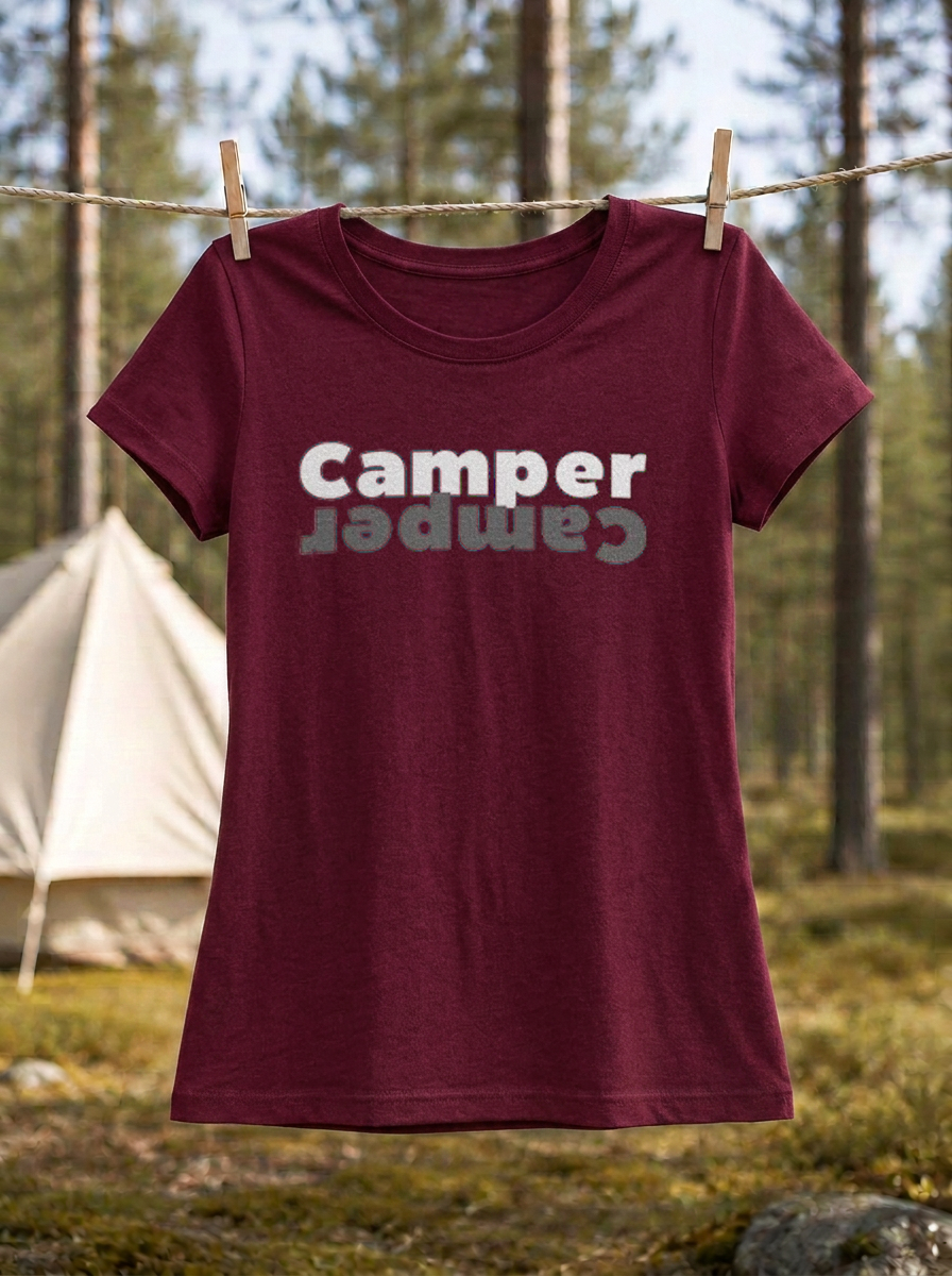 Camper – Damen Tailliertes T-Shirt Camping Vibes Burgundy – Wäscheleine