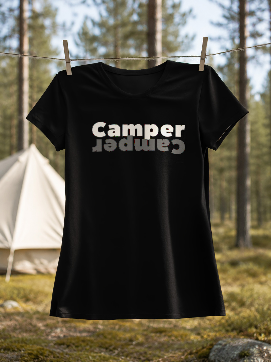 Camper – Damen Tailliertes T-Shirt Camping Vibes Black – Wäscheleine