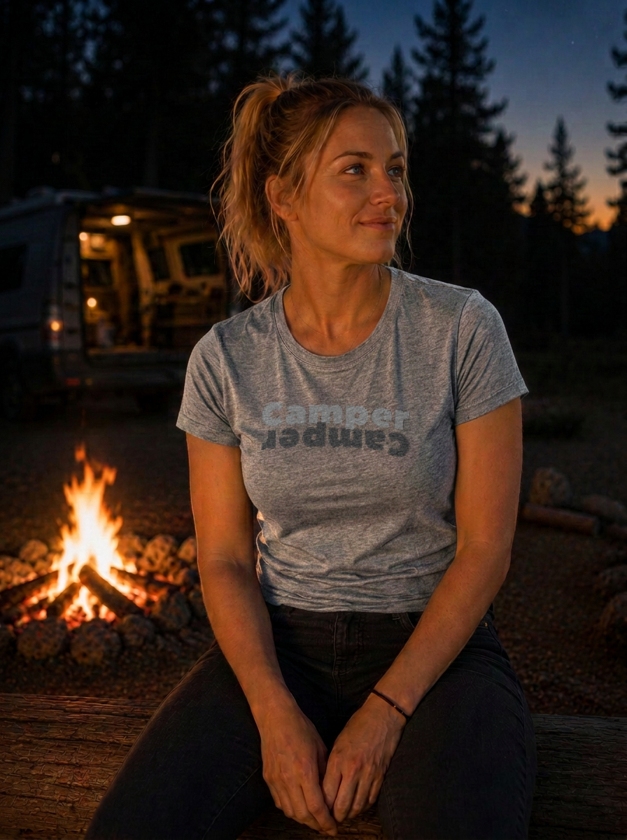 Camper – Damen Tailliertes T-Shirt Camping Vibes Heather Grey – Modell
