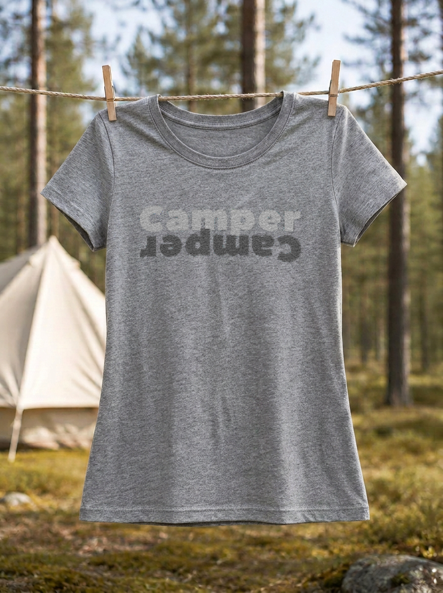 Camper – Damen Tailliertes T-Shirt Camping Vibes Heather Grey – Wäscheleine