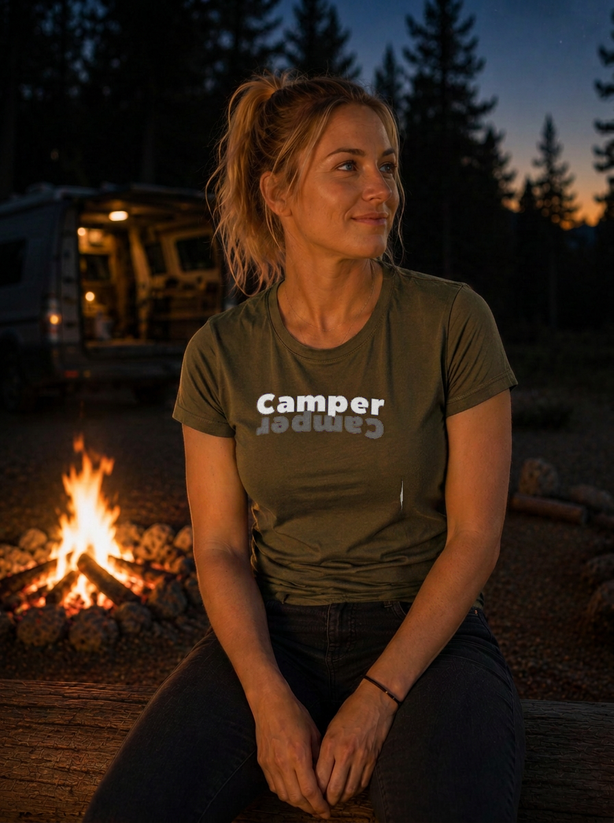 Camper – Damen Tailliertes T-Shirt Camping Vibes Khaki – Modell