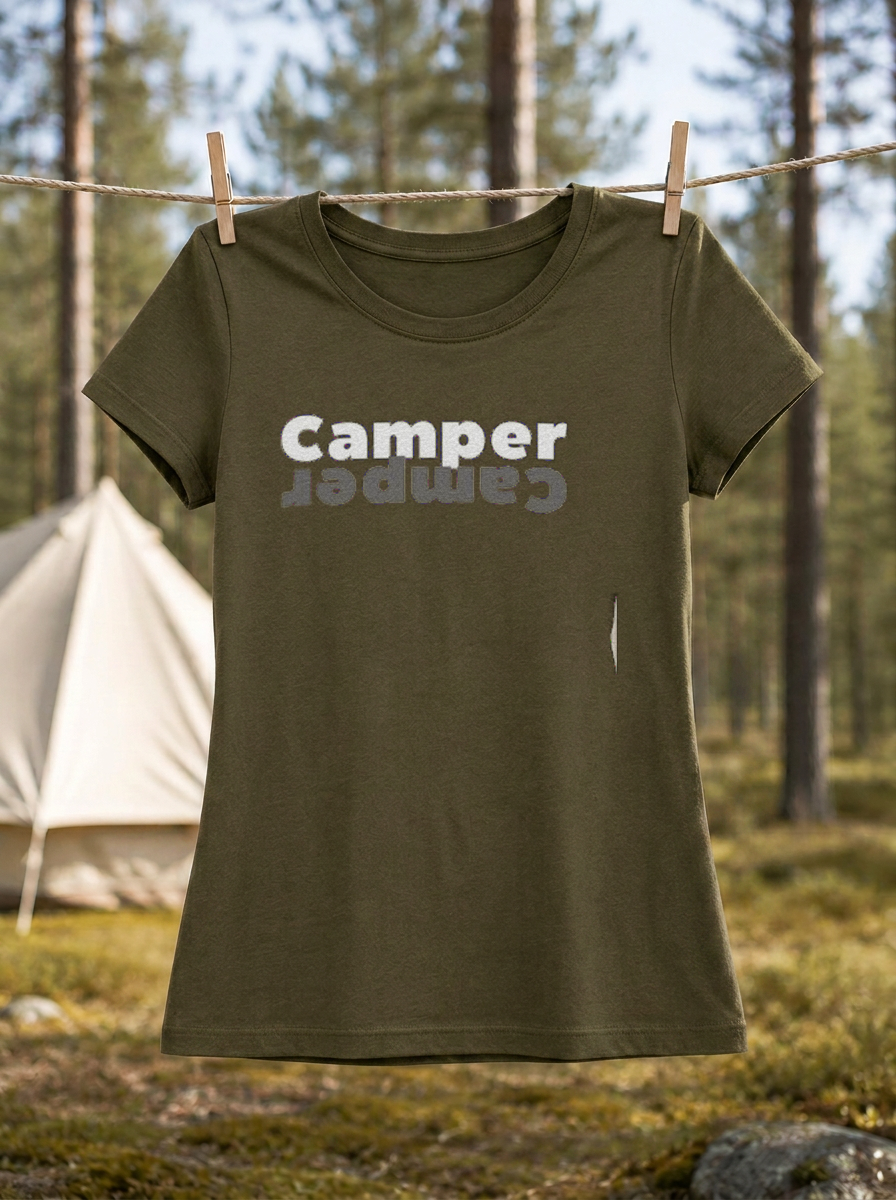 Camper – Damen Tailliertes T-Shirt Camping Vibes Khaki – Wäscheleine