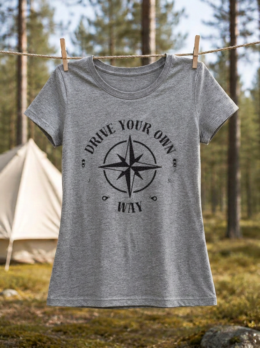 Drive Your Own Way – Damen Tailliertes T-Shirt Camping Vibes Heather Grey – Wäscheleine