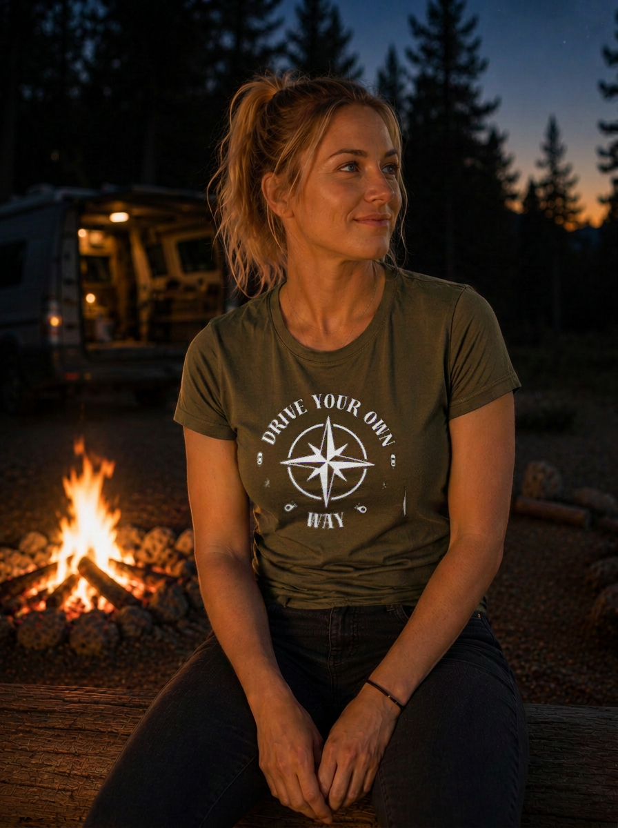 Drive Your Own Way – Damen Tailliertes T-Shirt Camping Vibes Khaki – Modell