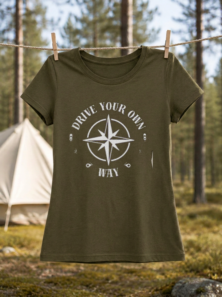 Drive Your Own Way – Damen Tailliertes T-Shirt Camping Vibes Khaki – Wäscheleine