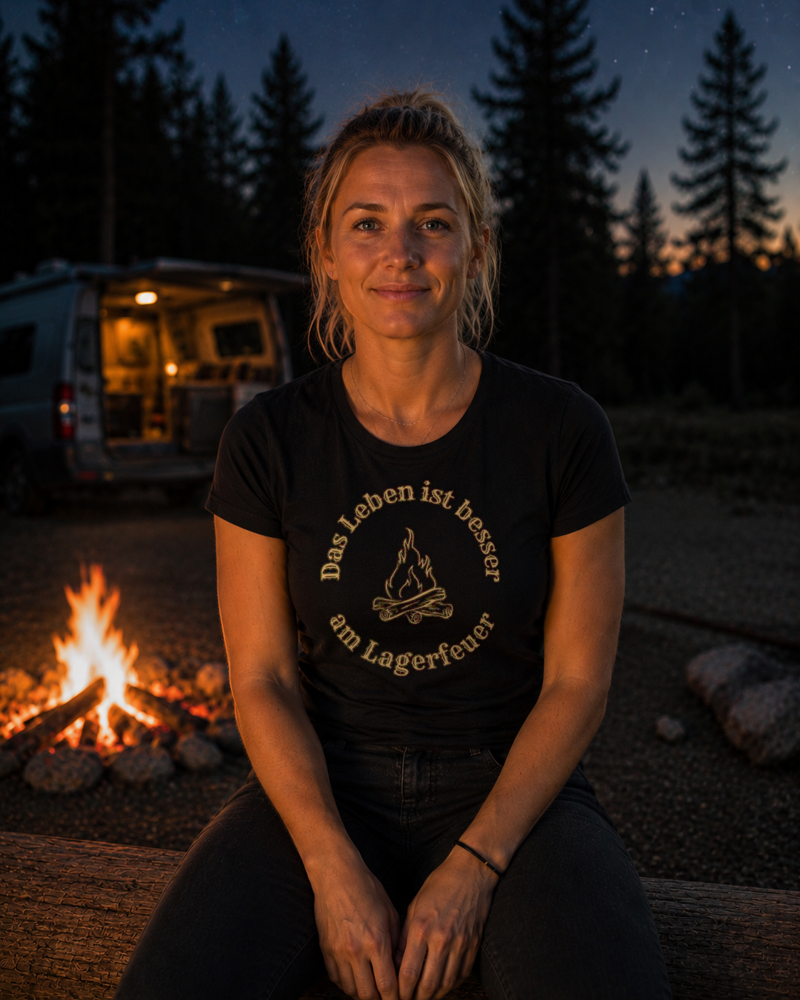 Das Leben ist besser am Lagerfeuer – Damen Tailliertes T-Shirt Camping Vibes Black – Modell