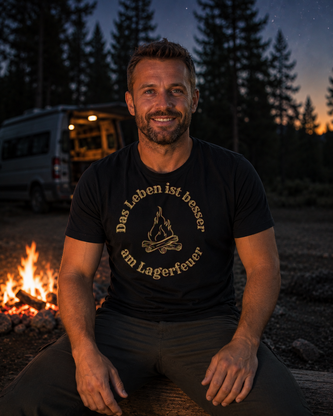 Das Leben ist besser am Lagerfeuer – Unisex T-Shirt Camping Vibes Black – Vorderansicht