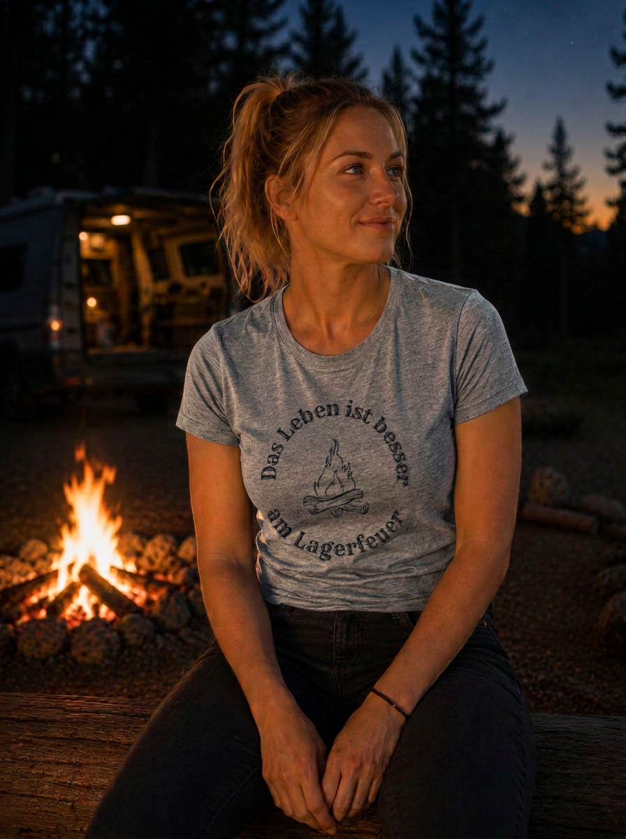 Das Leben ist besser am Lagerfeuer – Damen Tailliertes T-Shirt Camping Vibes Heather Grey – Modell