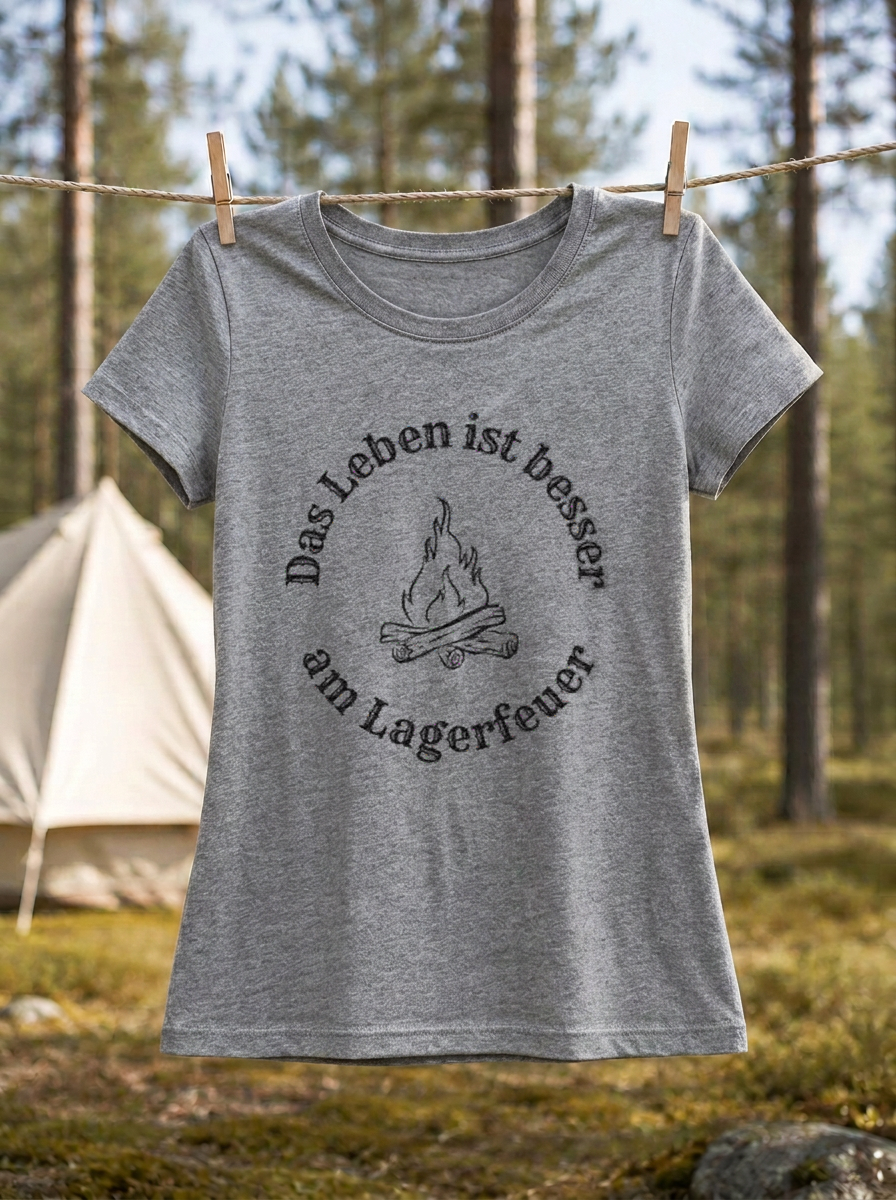 Das Leben ist besser am Lagerfeuer – Damen Tailliertes T-Shirt Camping Vibes Heather Grey – Wäscheleine