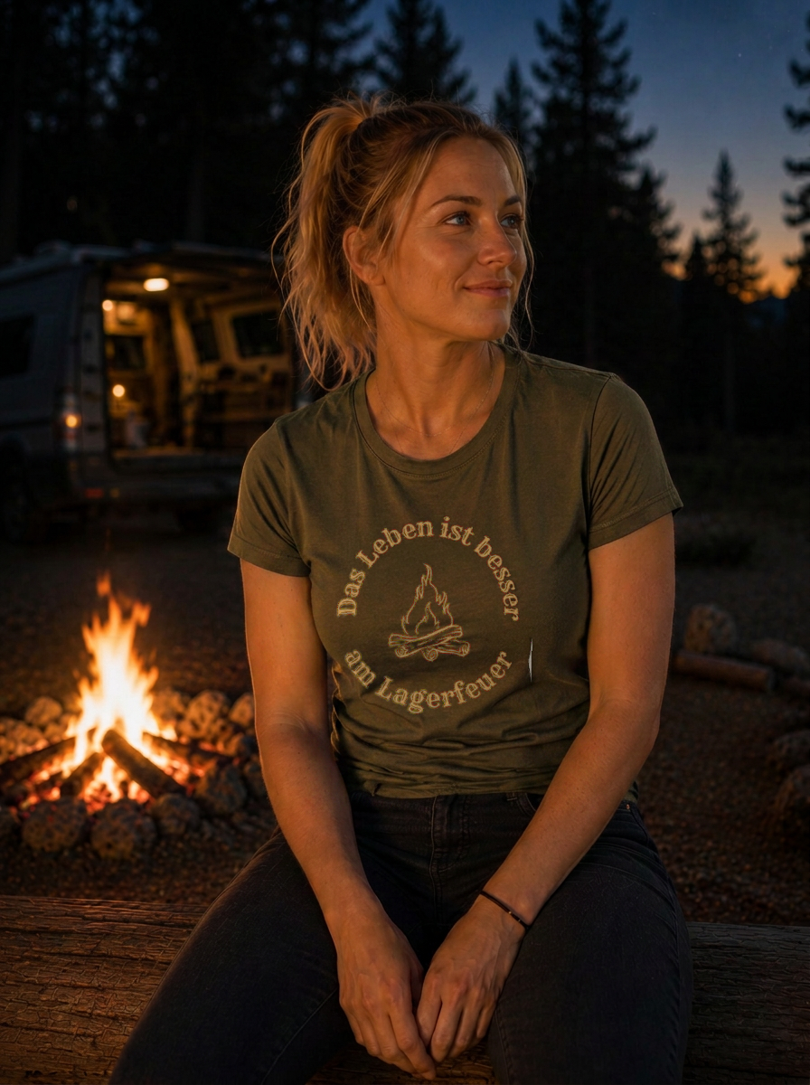Das Leben ist besser am Lagerfeuer – Damen Tailliertes T-Shirt Camping Vibes Khaki – Modell
