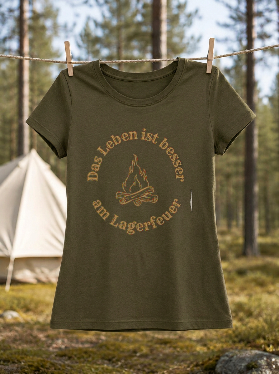 Das Leben ist besser am Lagerfeuer – Damen Tailliertes T-Shirt Camping Vibes Khaki – Wäscheleine