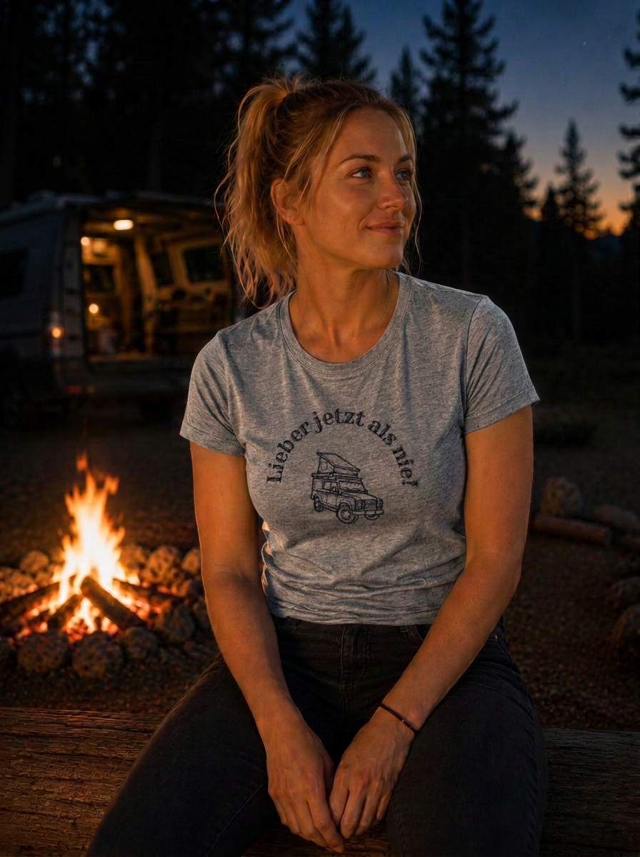 Lieber jetzt als nie – Damen Tailliertes T-Shirt Camping Vibes Heather Grey – Modell