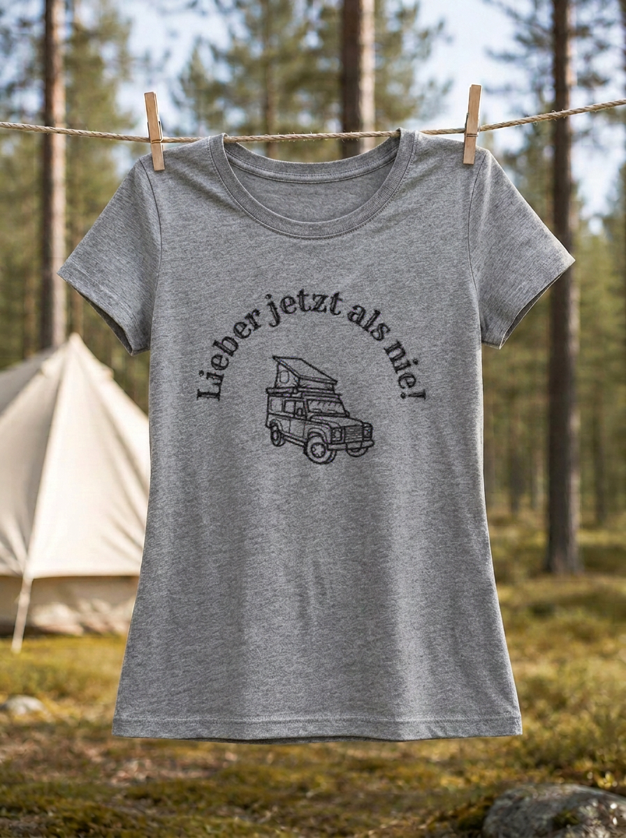 Lieber jetzt als nie – Damen Tailliertes T-Shirt Camping Vibes Heather Grey – Wäscheleine