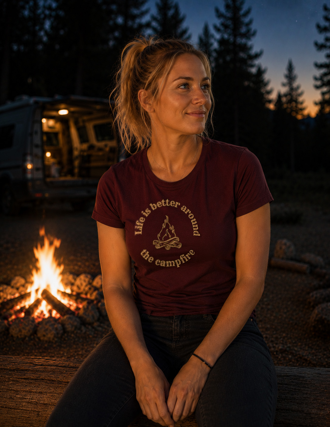 Life is Better Around the Campfire – Damen Tailliertes T-Shirt Camping Vibes Burgundy – Modell