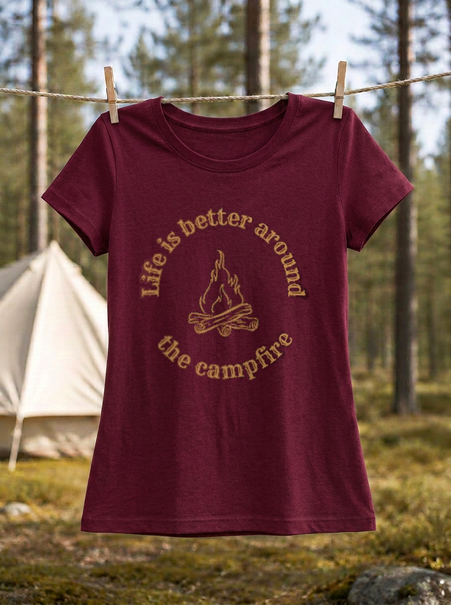 Life is Better Around the Campfire – Damen Tailliertes T-Shirt Camping Vibes Burgundy – Wäscheleine
