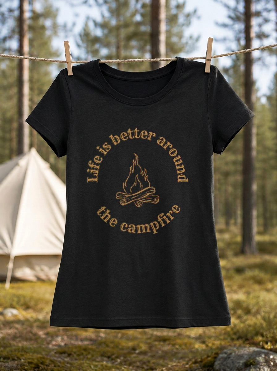 Life is Better Around the Campfire – Damen Tailliertes T-Shirt Camping Vibes Black – Wäscheleine