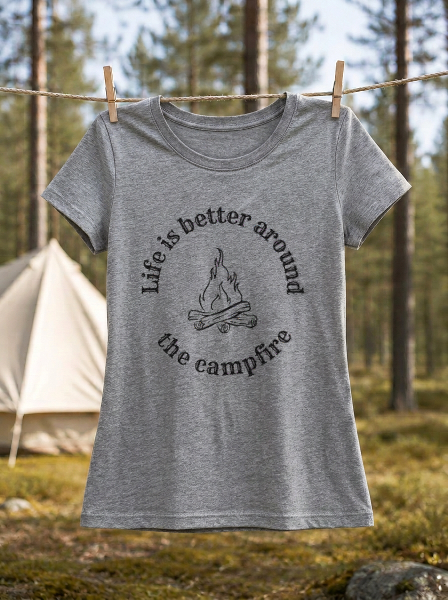 Life is Better Around the Campfire – Damen Tailliertes T-Shirt Camping Vibes Heather Grey – Wäscheleine