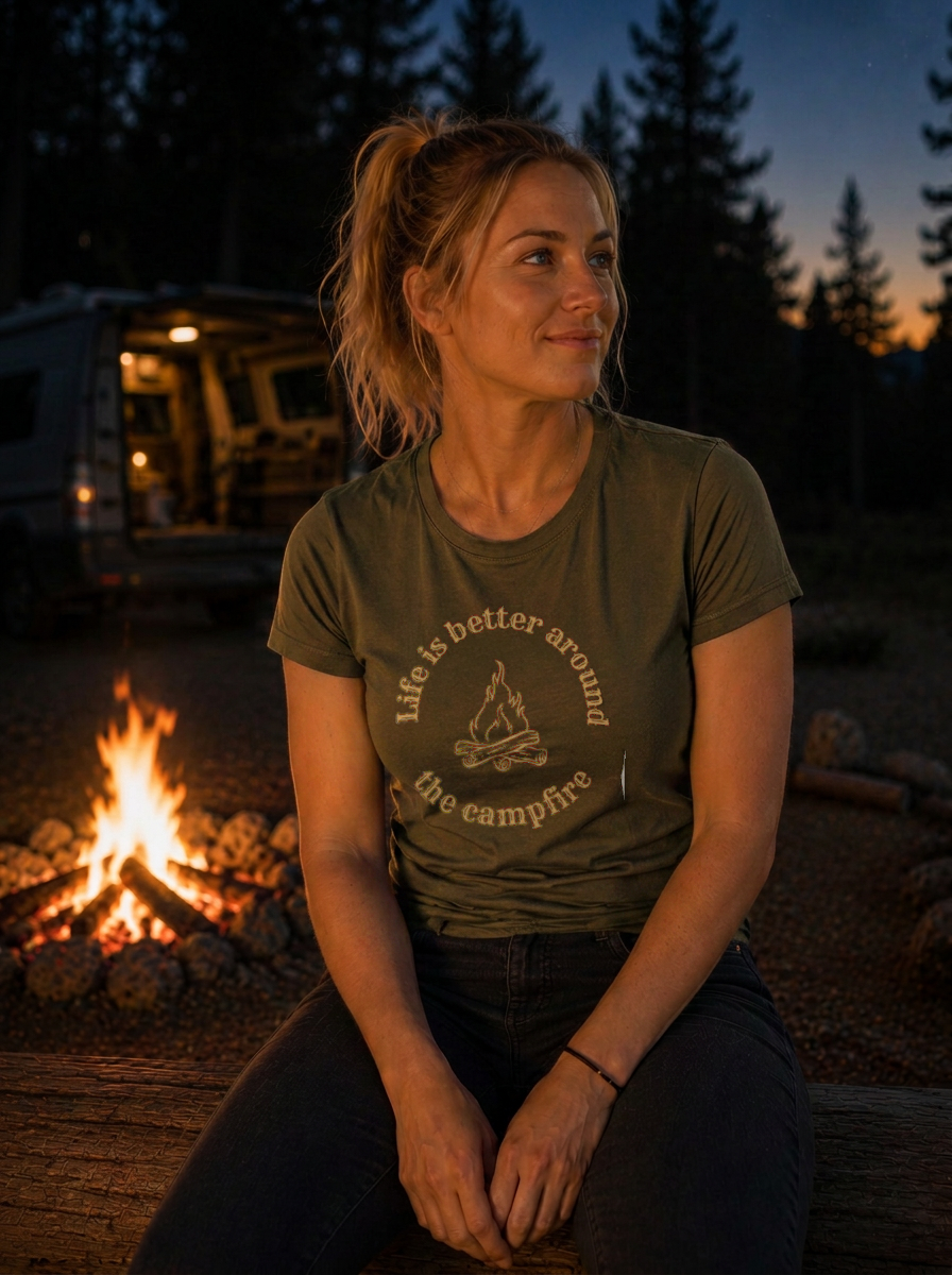 Life is Better Around the Campfire – Damen Tailliertes T-Shirt Camping Vibes Khaki – Modell