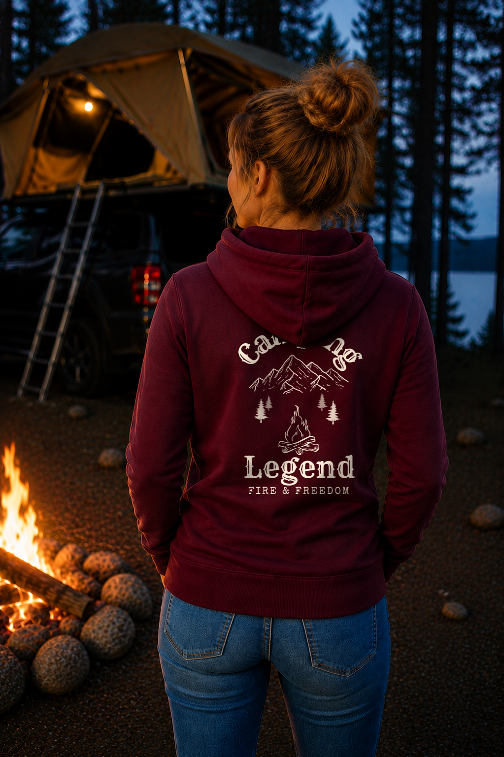 Fire & Freedom – Damen Premium Hoodie Burgundy – Modell Rückenansicht