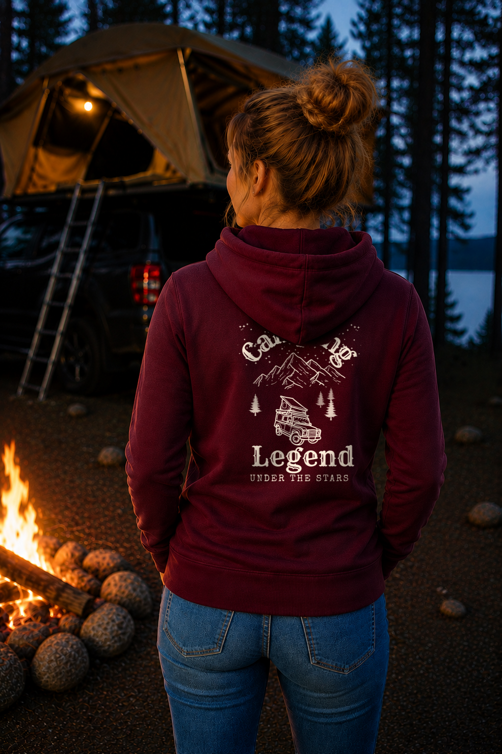 Under The Stars Offroader – Damen Premium Hoodie Burgundy – Modell Rückenansicht
