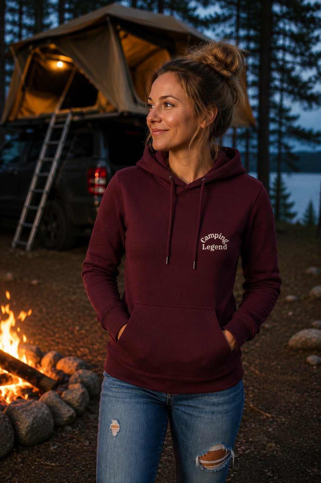 Under The Stars Van – Damen Premium Hoodie Burgundy – Modell Vorderansicht