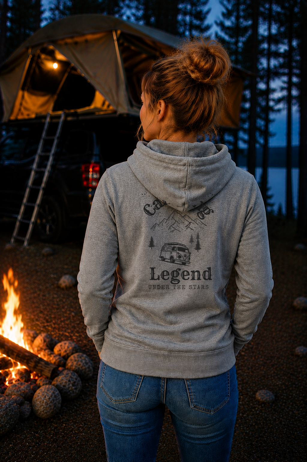 Under The Stars Van – Damen Premium Hoodie Heather Grey – Modell Rückenansicht