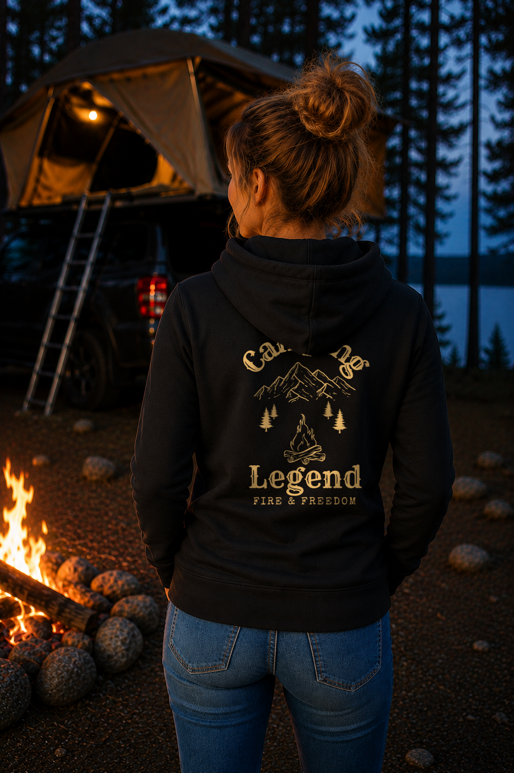 Fire & Freedom – Damen Premium Hoodie Black – Modell Rückenansicht