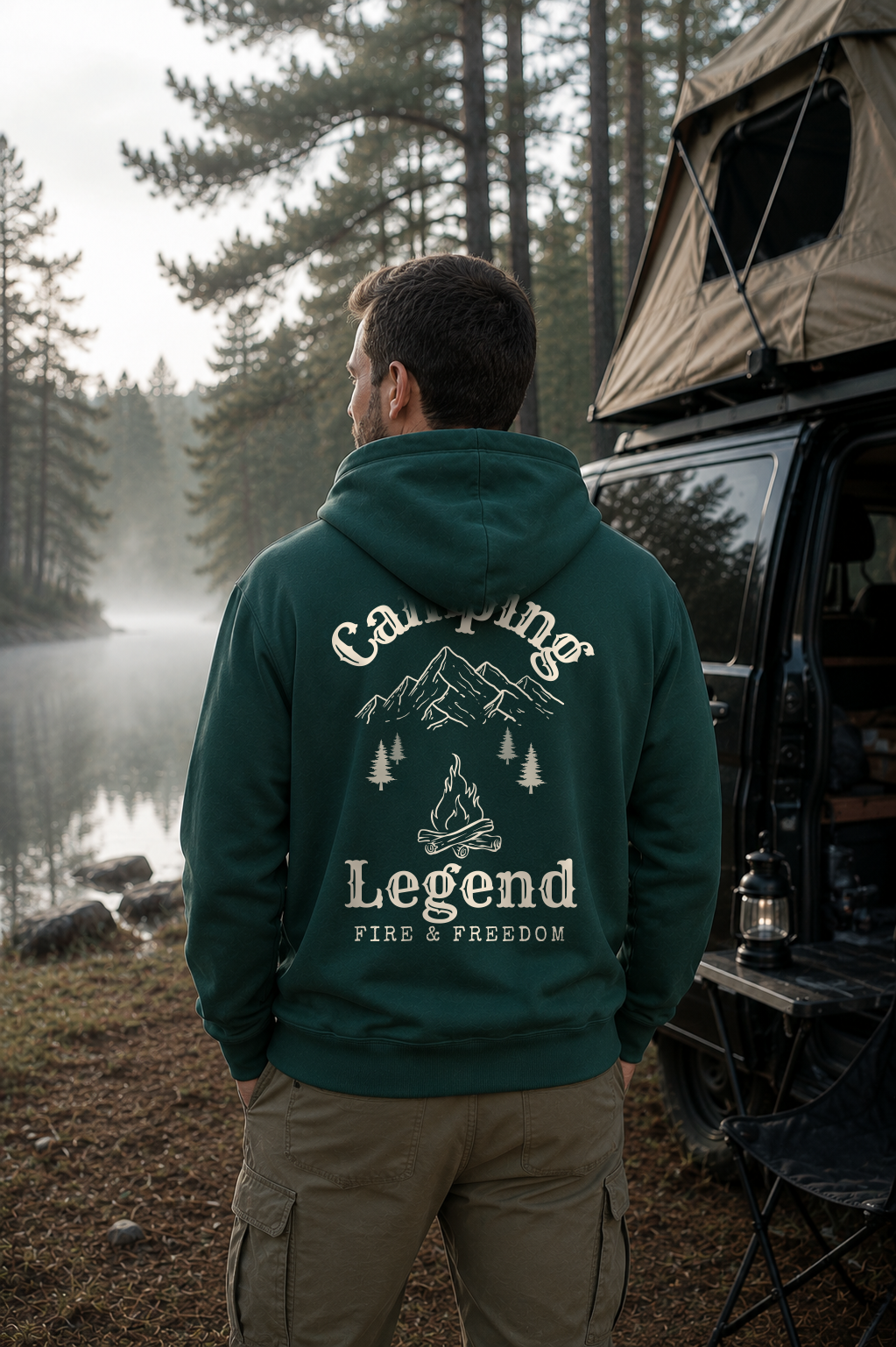 Fire & Freedom – Unisex Premium Hoodie Glazed Green – Modell Rückenansicht