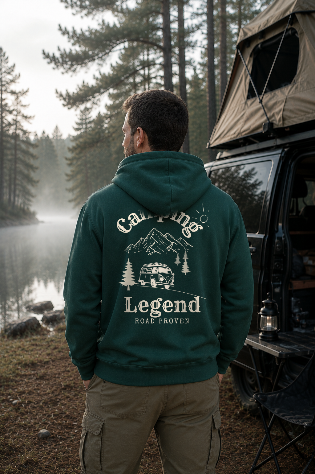 Road Proven Van – Unisex Premium Hoodie Glazed Green – Modell Rückenansicht