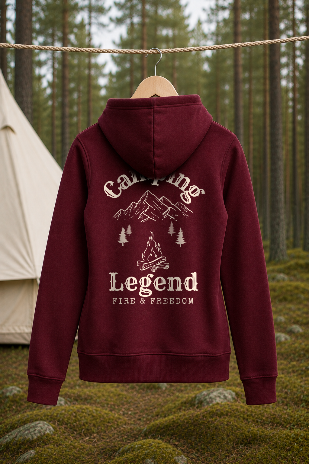 Fire & Freedom – Damen Premium Hoodie Burgundy – Rückansicht Wäscheleine