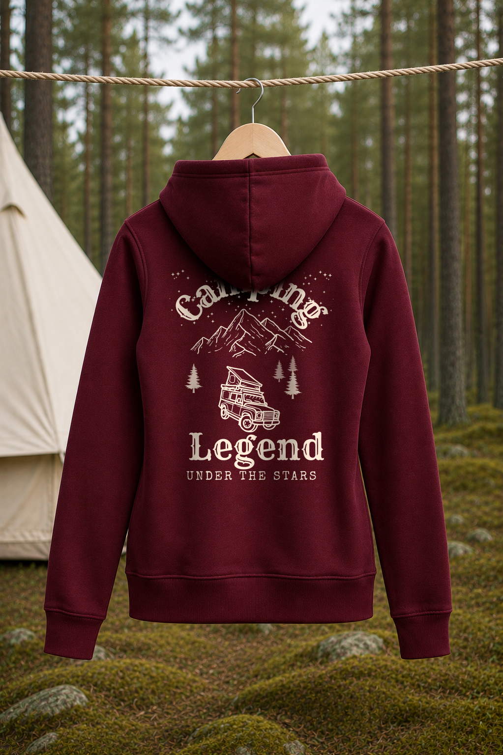Under The Stars Offroader – Damen Premium Hoodie Burgundy – Rückansicht Wäscheleine