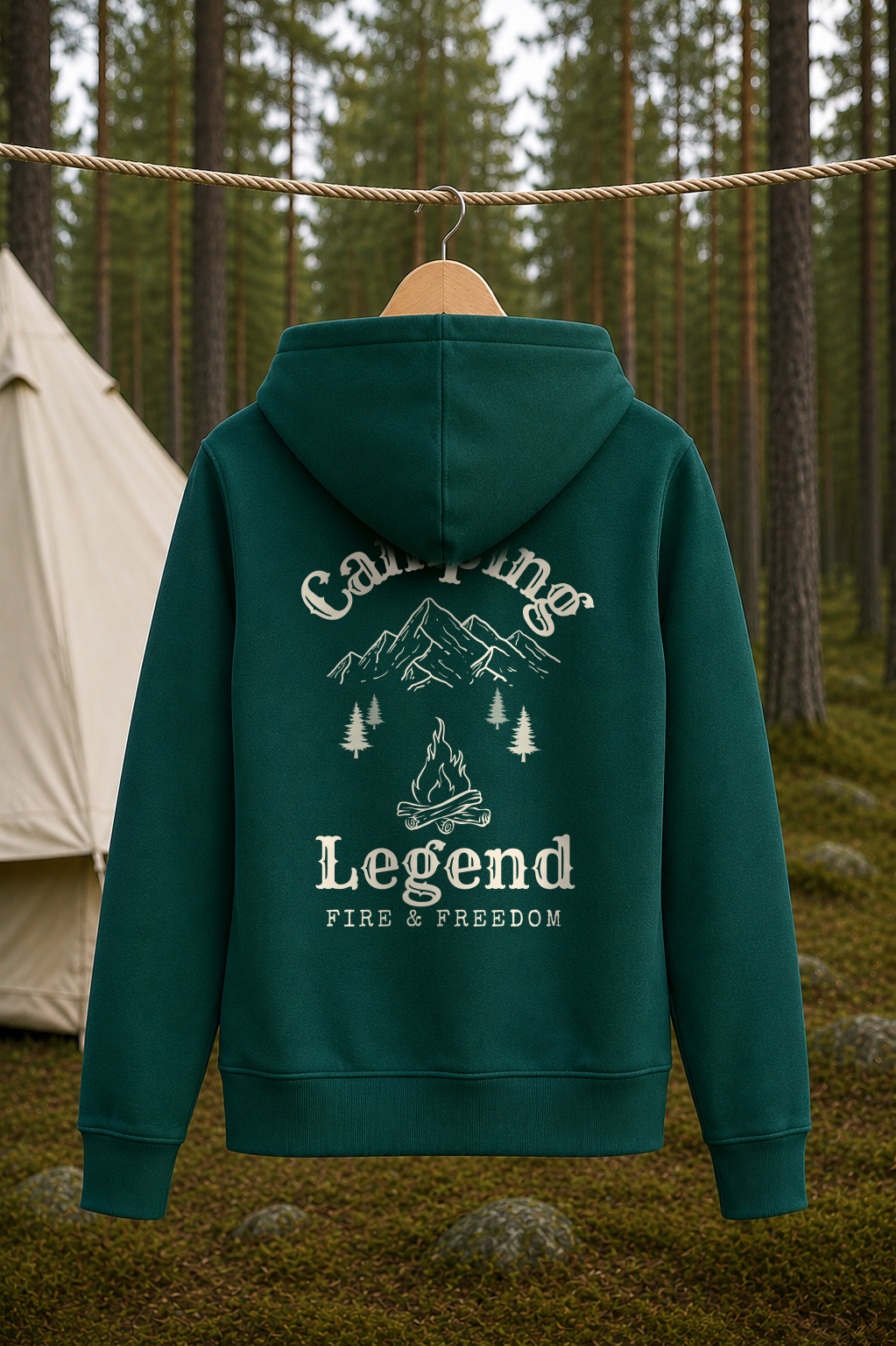 Fire & Freedom – Damen Premium Hoodie Glazed Green – Rückansicht Wäscheleine
