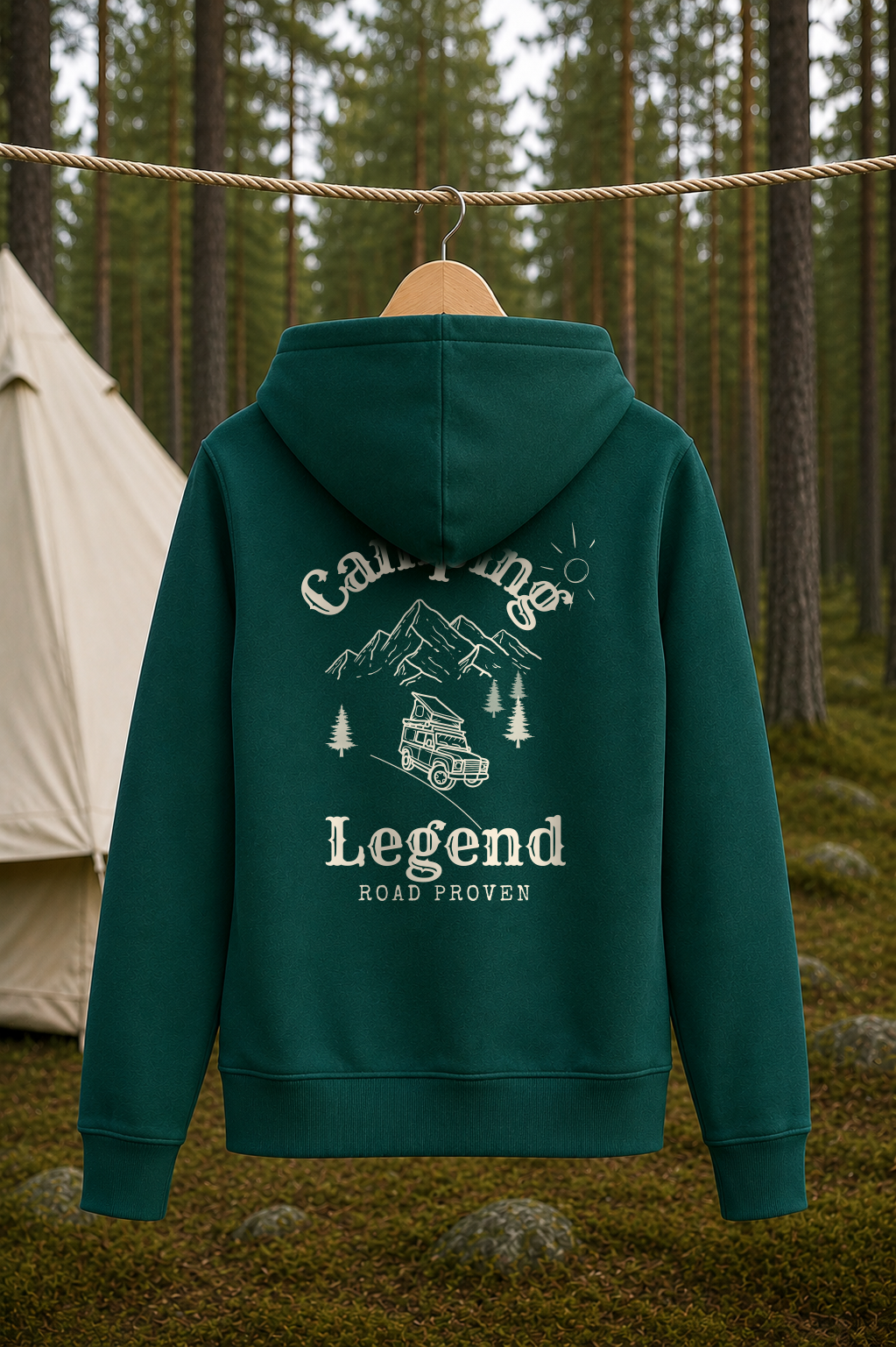 Road Proven Offroader – Damen Premium Hoodie Glazed Green – Rückansicht Wäscheleine