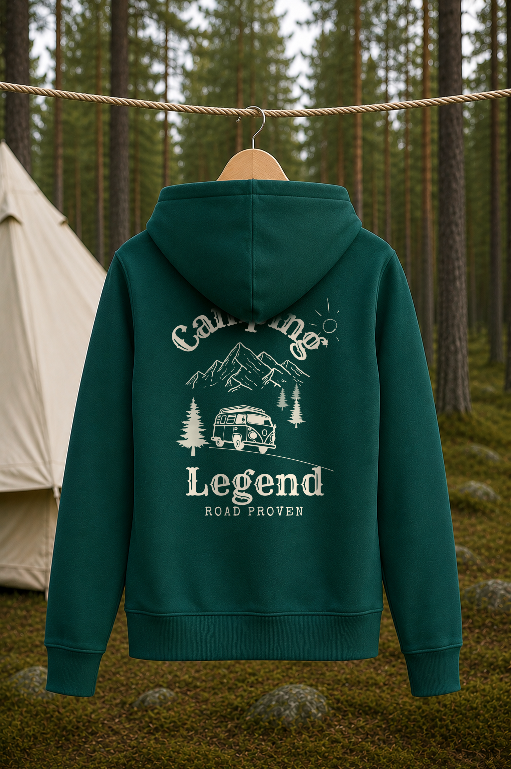 Road Proven Van – Damen Premium Hoodie Glazed Green – Rückansicht Wäscheleine