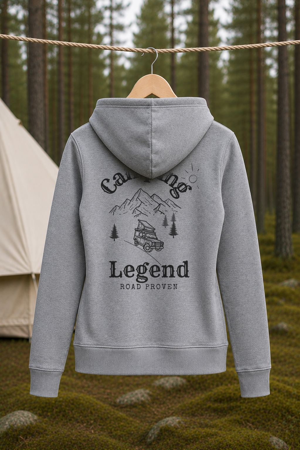 Road Proven Offroader – Damen Premium Hoodie Heather Grey – Rückansicht Wäscheleine