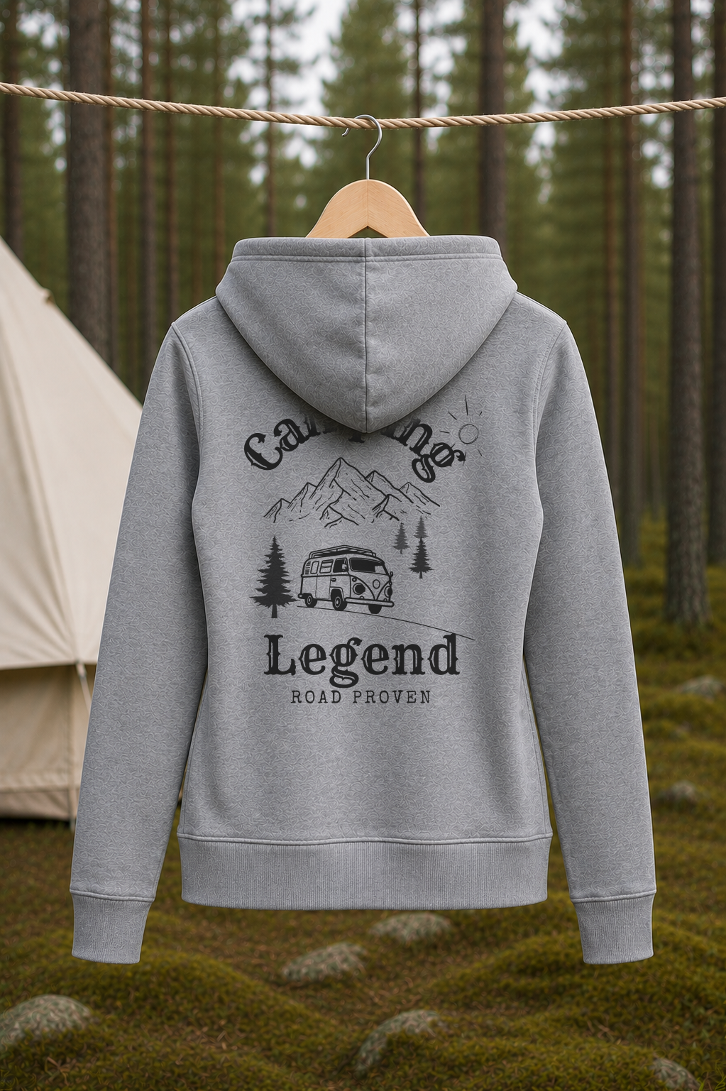 Road Proven Van – Damen Premium Hoodie Heather Grey – Rückansicht Wäscheleine