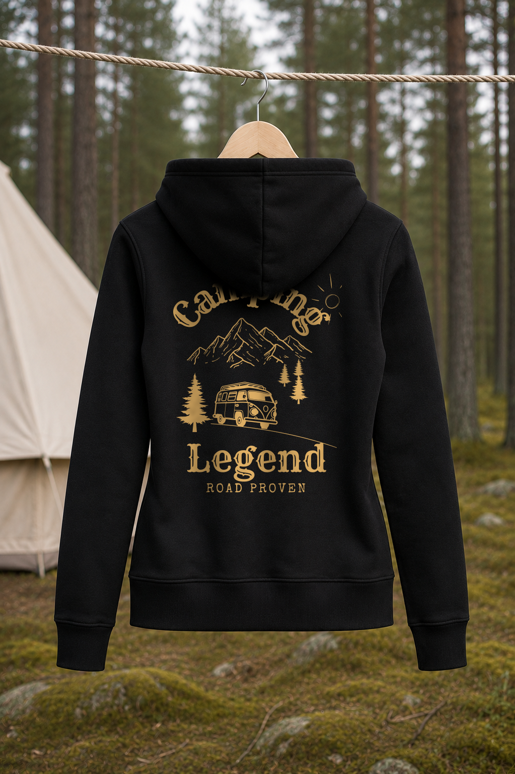 Road Proven Van – Damen Premium Hoodie Black – Rückansicht Wäscheleine