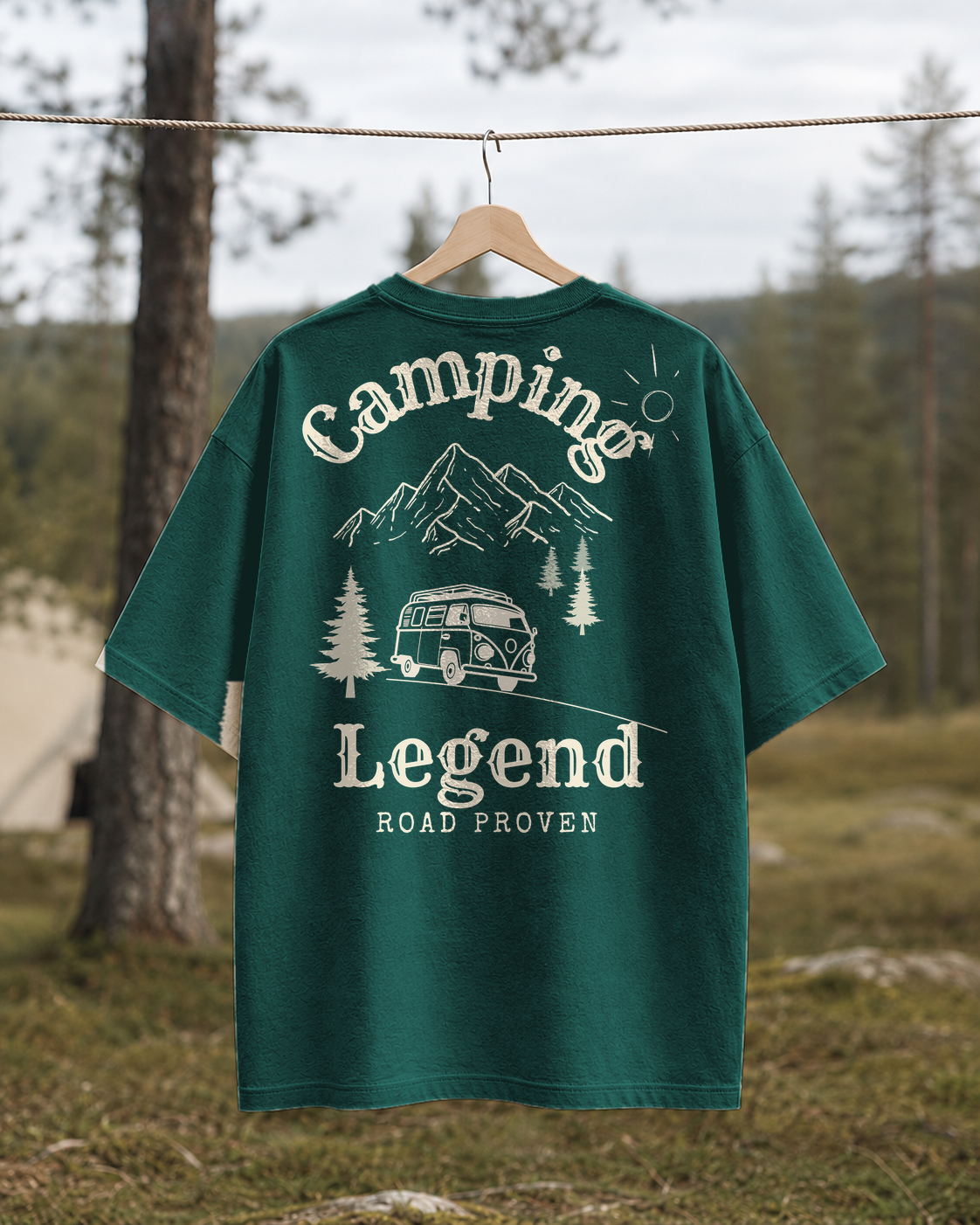 Road Proven Van – Unisex Oversize T-Shirt Glazed Green – Rückansicht auf der Wäscheleine