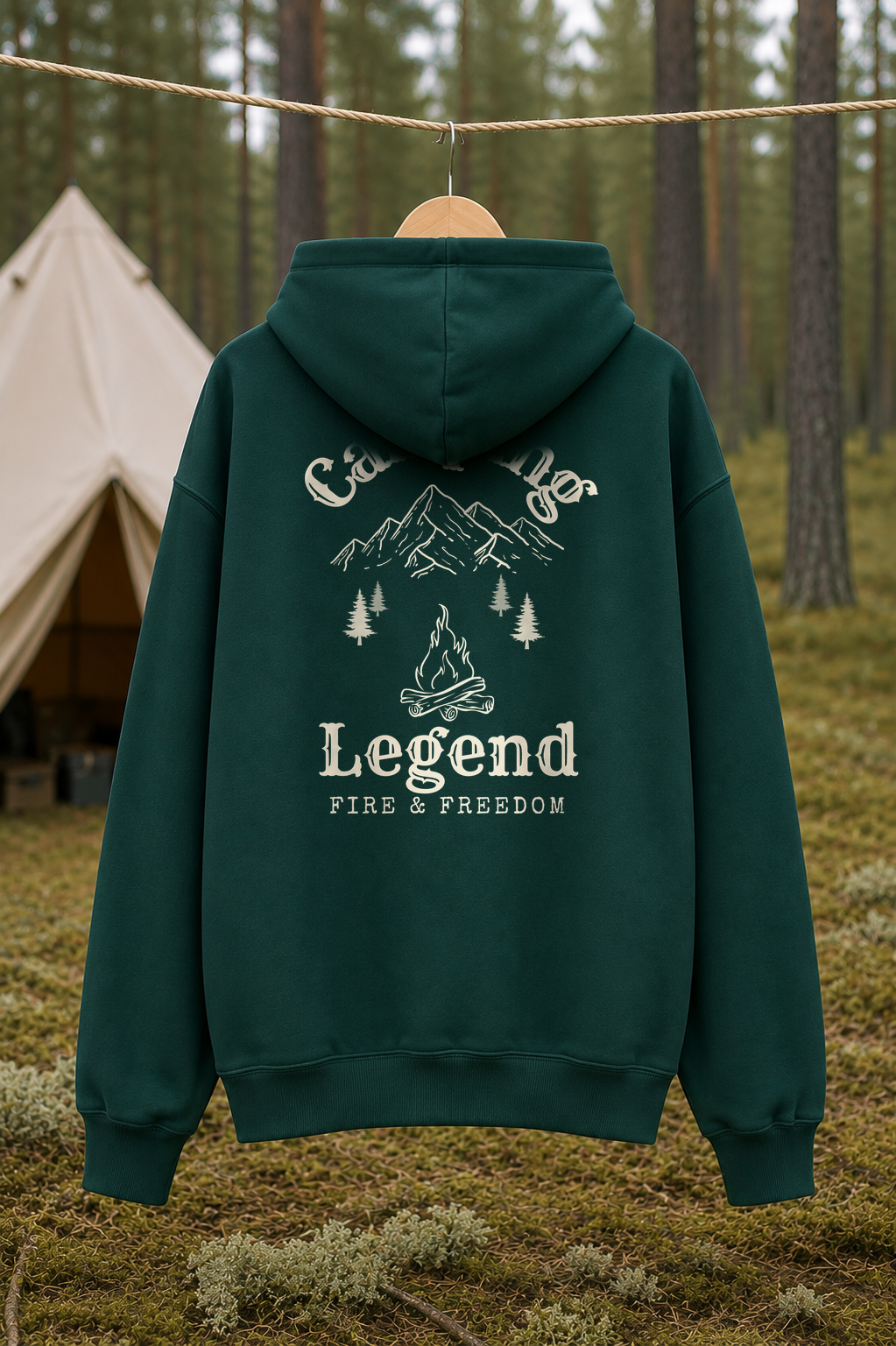 Fire & Freedom – Unisex Premium Hoodie Glazed Green – Rückansicht Wäscheleine