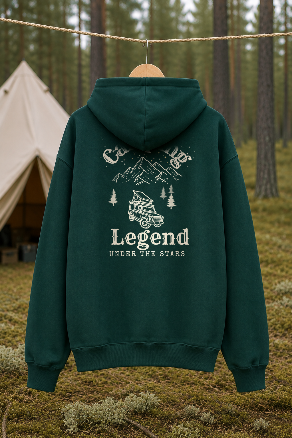 Under The Stars Offroader – Unisex Premium Hoodie Glazed Green – Rückansicht Wäscheleine