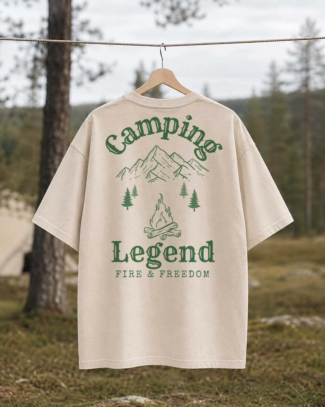 Fire & Freedom – Unisex Oversize T-Shirt Natural Raw – Rückansicht auf der Wäscheleine