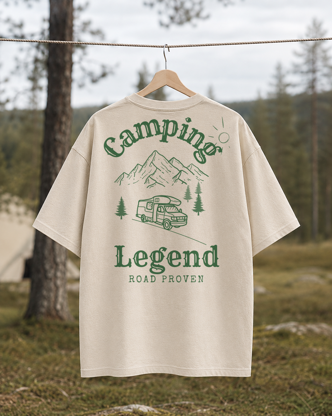 Road Proven Camper – Unisex Oversize T-Shirt Natural Raw – Rückansicht auf der Wäscheleine