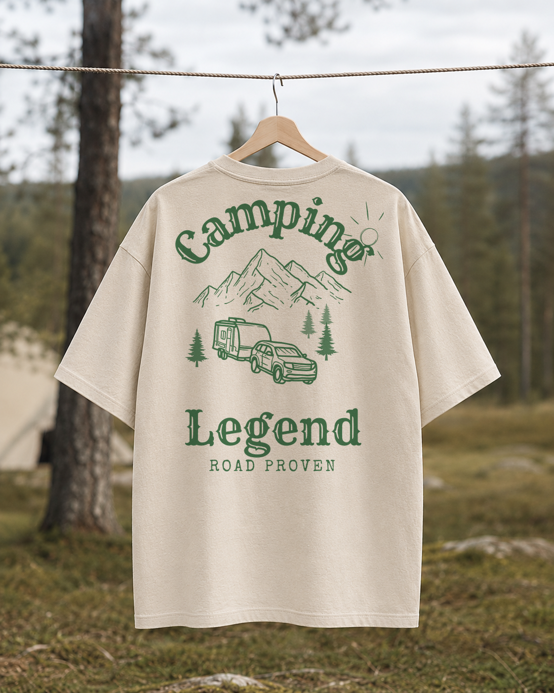 Road Proven Trailer – Unisex Oversize T-Shirt Natural Raw – Rückansicht auf der Wäscheleine