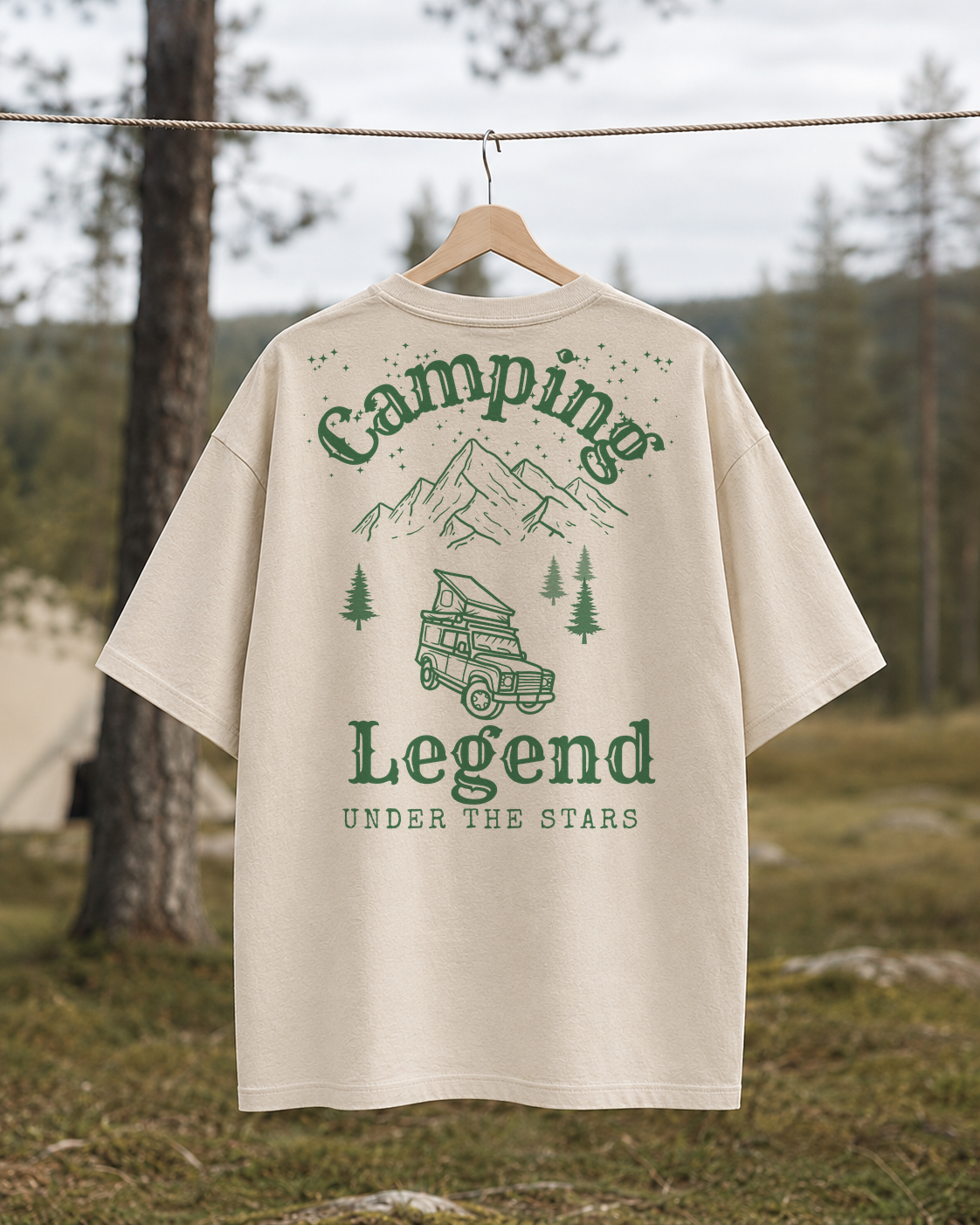 Under The Stars Offroader – Unisex Oversize T-Shirt Natural Raw – Rückansicht auf der Wäscheleine