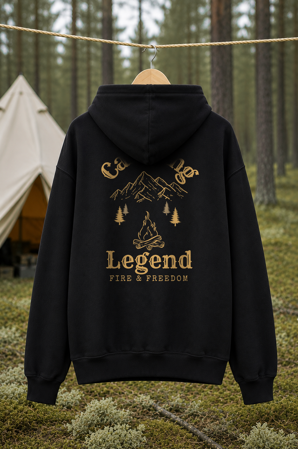 Fire & Freedom – Unisex Premium Hoodie Black – Rückansicht Wäscheleine