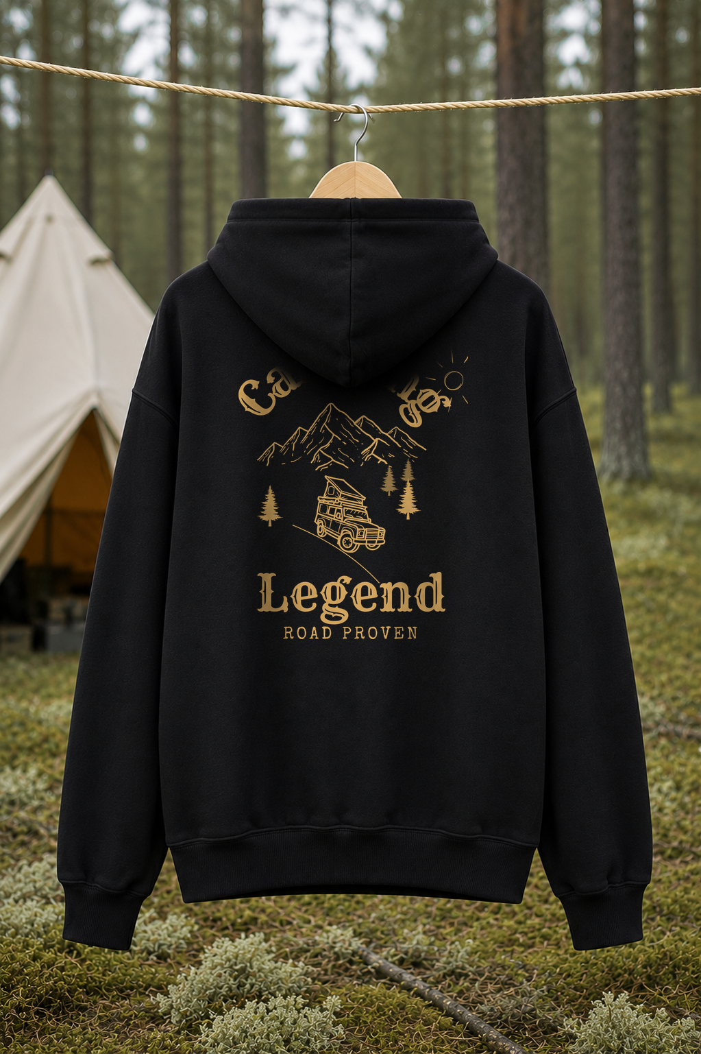 Road Proven Offroader – Unisex Premium Hoodie Black – Rückansicht Wäscheleine